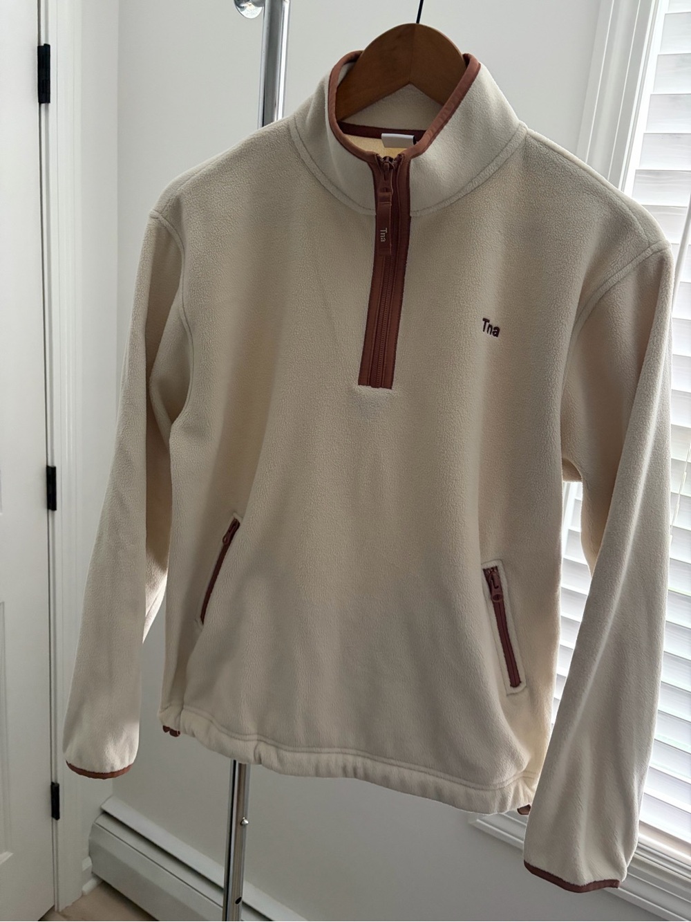 TNA Aritzia Cream Fleece Quarter-Zip with Brown Trim